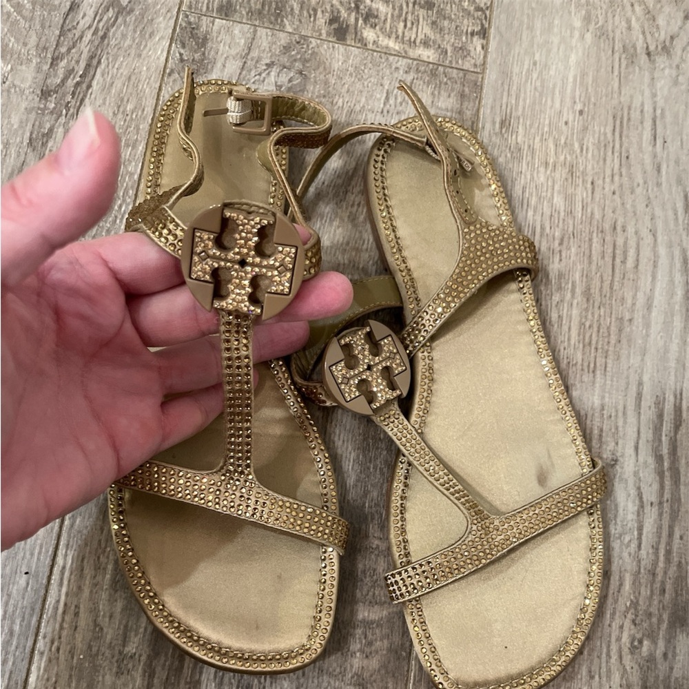 Tory Burch Gold Sandals with Embellished Straps Size 6